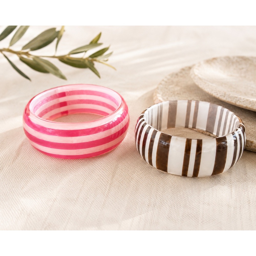 Lot of 2 Acrylic Lucite Striped Bangle Bracelets Pink Brown Retro Y2K Boho